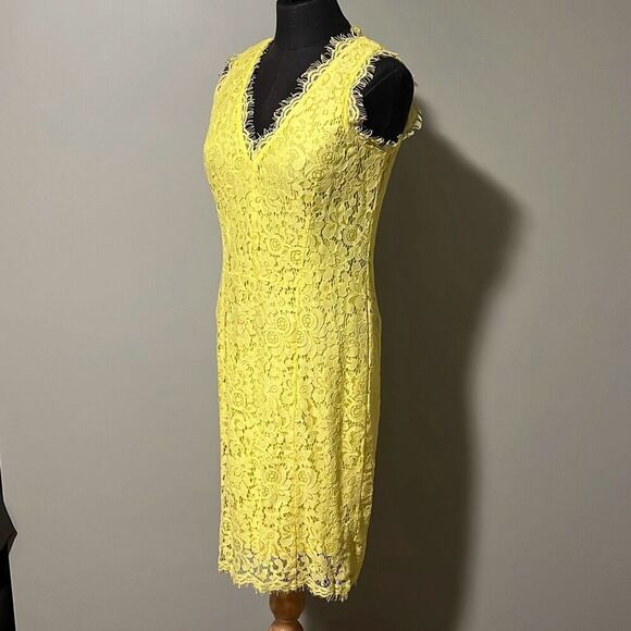 H&M Women's Yellow Sleeveless Zip V-Neck Lace Floral Sheath Dress Small - Picture 3 of 8